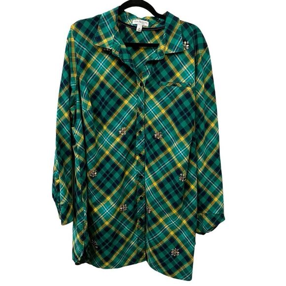 Kim Rogers Green Plaid Button Down Top with Rhinestone Embellishments Size 2X - Picture 11 of 12